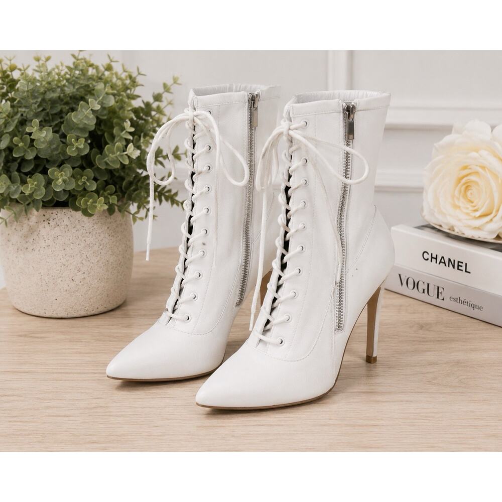 Steve Madden Satisfied Leather White Lace Up Ankle Boots Heels Size 6M